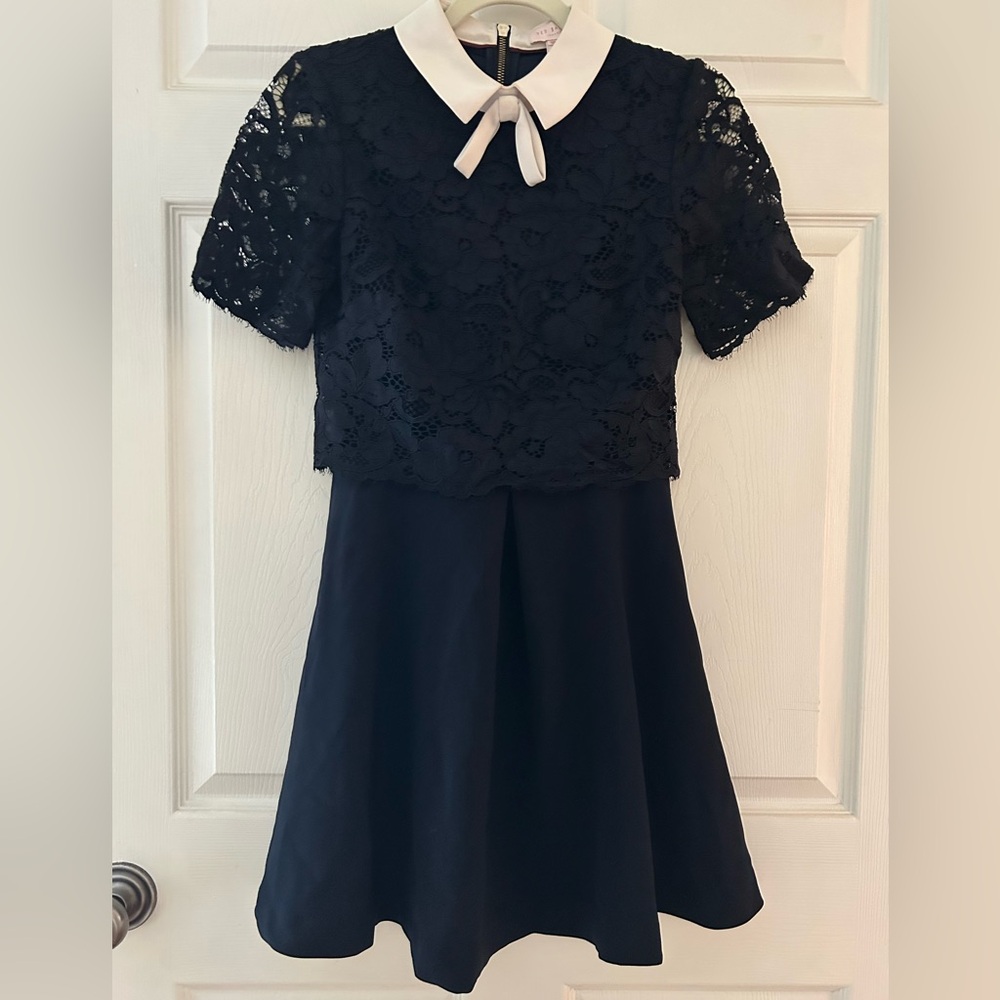 Elegant Navy Ted Baker Lace Dress with Collar